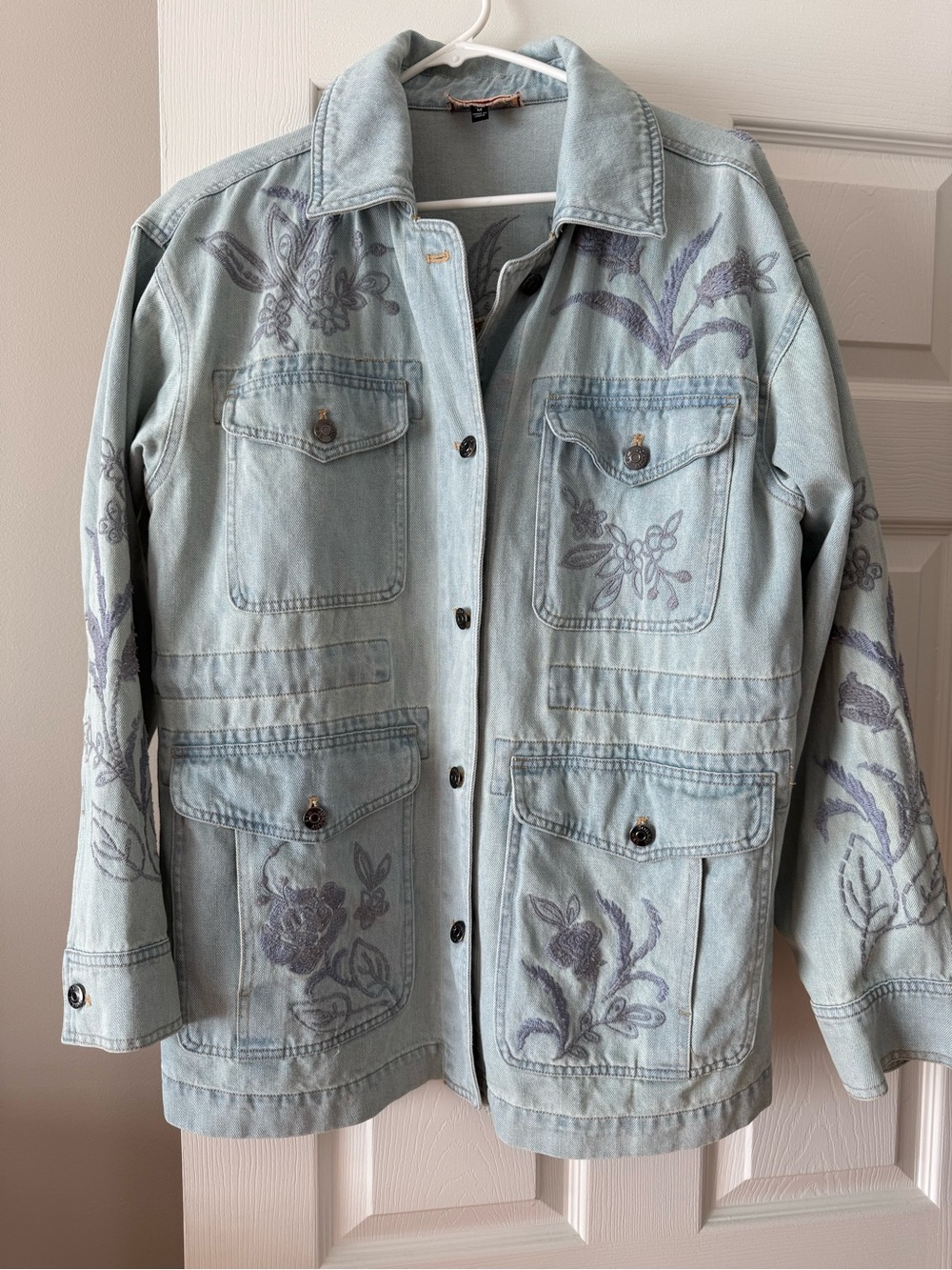 Johnny Was Light Blue Embroidered Denim Jacket